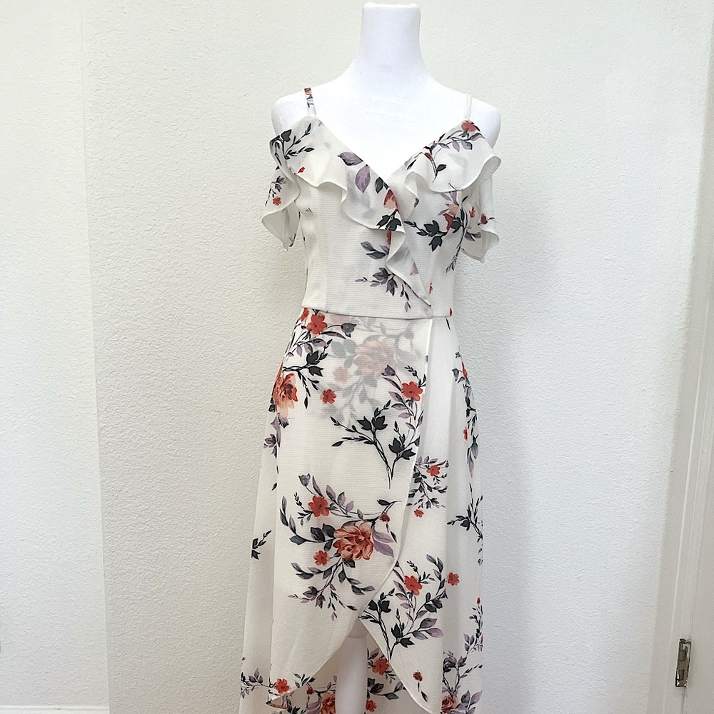 Long white midi dress with purple and red flowers